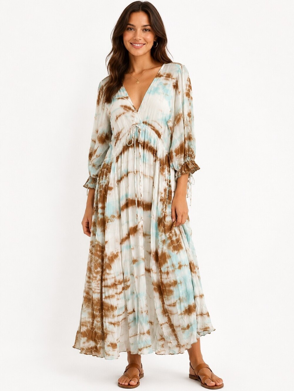YFB Tie Dye Maxi Dress Boho Aqua Brown Cream Empire Waist V-Neck Long Sleeve - S